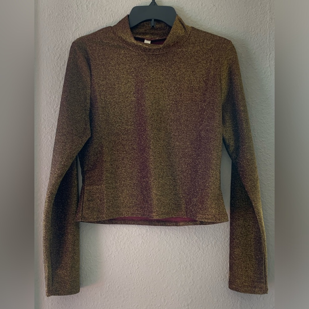 NWOT Women’s/Femme long sleeve, mock-turtleneck crop top, metallic shine ✨